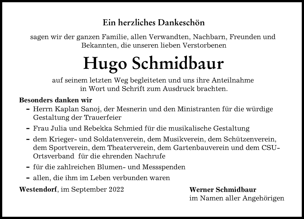 Traueranzeige von Hugo Schmidbaur von Wertinger Zeitung, Augsburg-Land