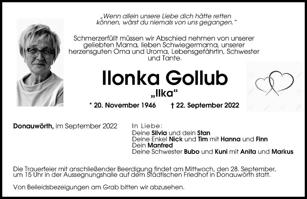  Traueranzeige für Ilonka Gollub vom 26.09.2022 aus Donauwörther Zeitung
