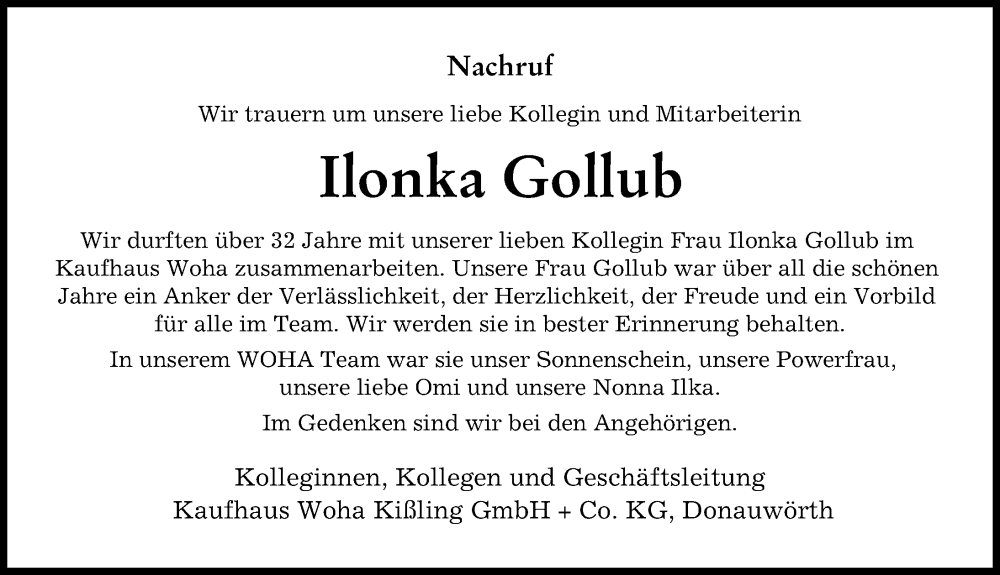 Traueranzeige von Ilonka Gollub von Donauwörther Zeitung