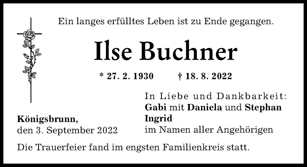 Traueranzeige von Ilse Buchner von Schwabmünchner Allgemeine