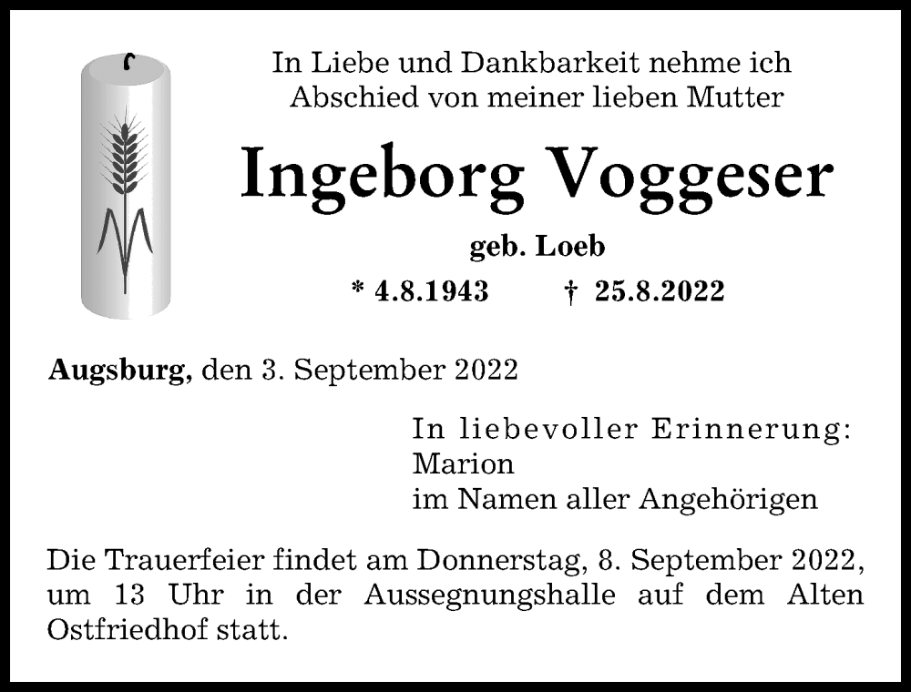 Traueranzeige von Ingeborg Voggeser von Augsburger Allgemeine