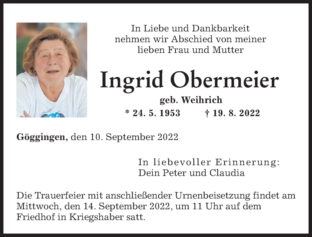  Traueranzeige für Ingrid Obermeier vom 10.09.2022 aus Augsburger Allgemeine