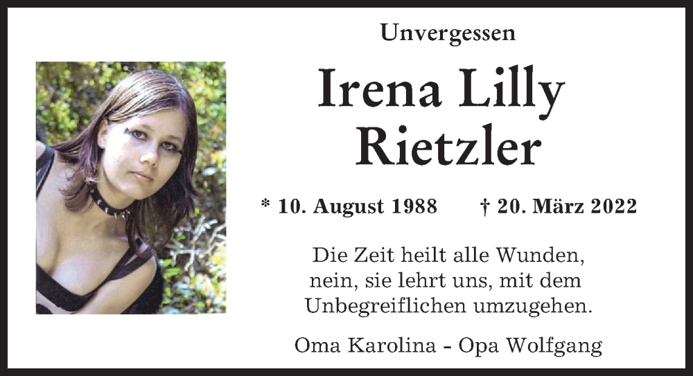  Traueranzeige für Irena Lilly Rietzler vom 20.09.2022 aus Augsburger Allgemeine