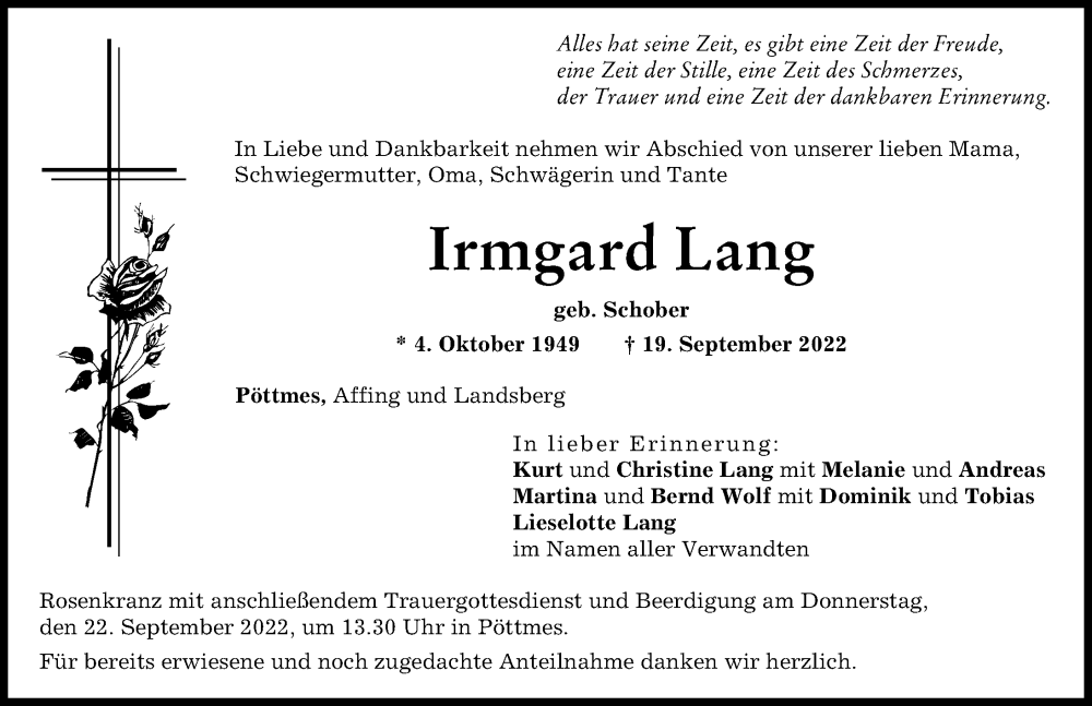  Traueranzeige für Irmgard Lang vom 21.09.2022 aus Aichacher Nachrichten