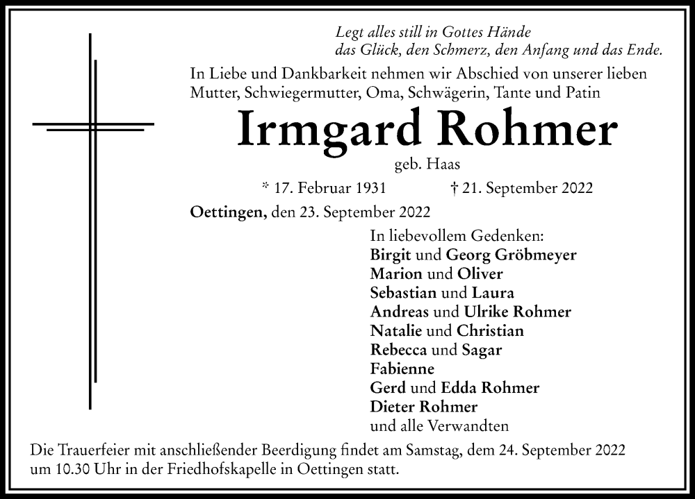 Traueranzeige für Irmgard Rohmer vom 23.09.2022 aus Rieser Nachrichten