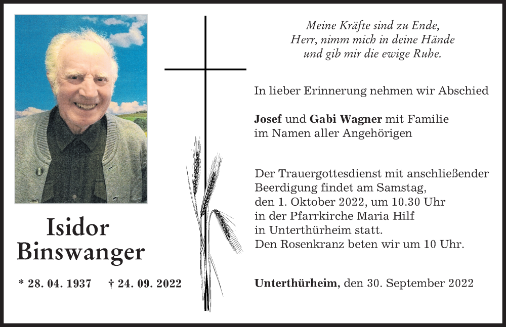  Traueranzeige für Isidor Binswanger vom 30.09.2022 aus Donauwörther Zeitung, Wertinger Zeitung