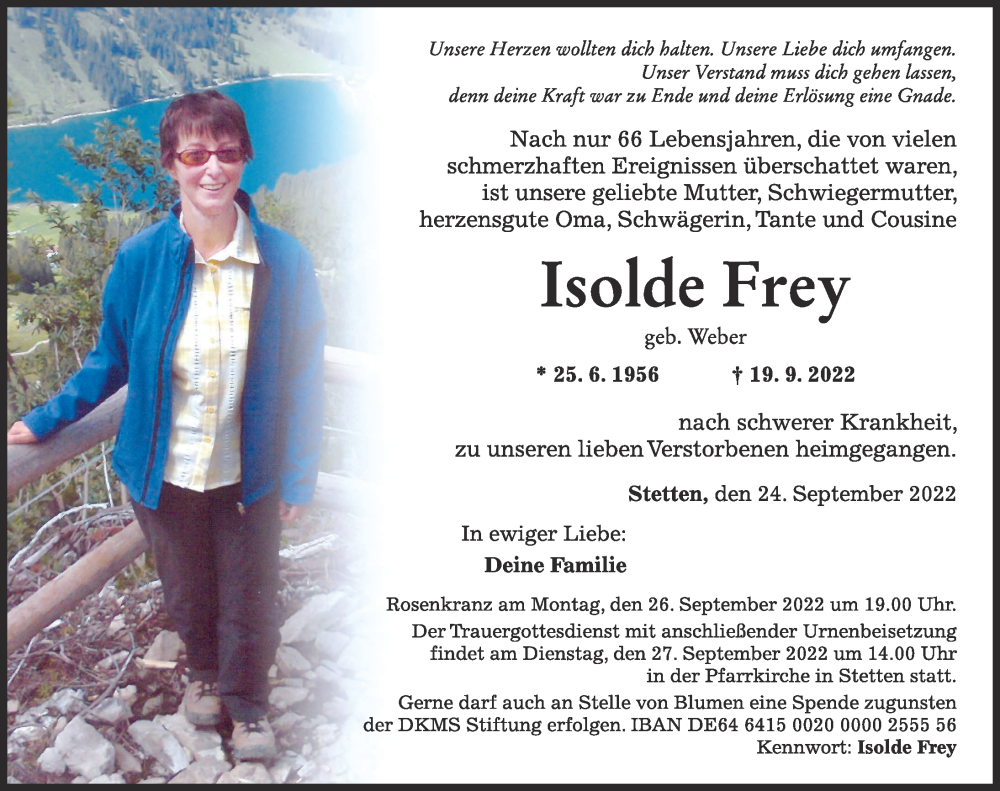  Traueranzeige für Isolde Frey vom 24.09.2022 aus Mindelheimer Zeitung