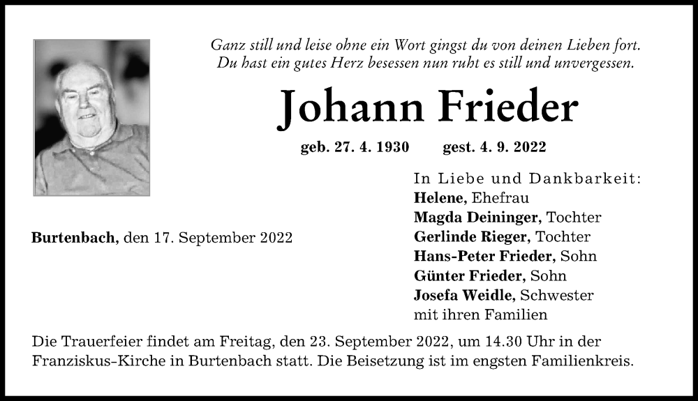 Traueranzeige von Johann Frieder von Günzburger Zeitung