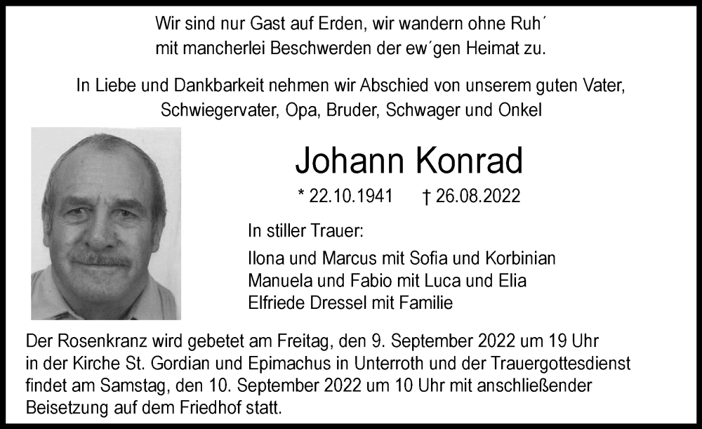  Traueranzeige für Johann Konrad vom 07.09.2022 aus Illertisser Zeitung