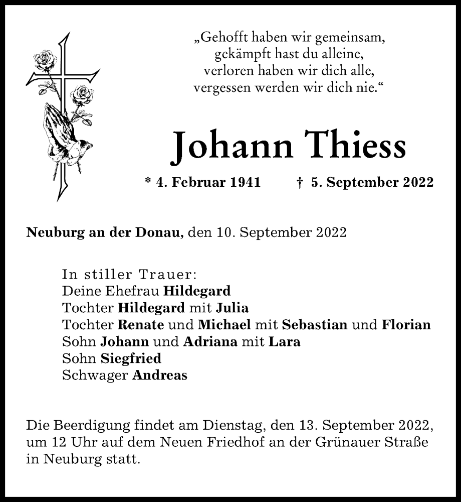 Traueranzeigen Von Johann Thiess | Augsburger Allgemeine Zeitung