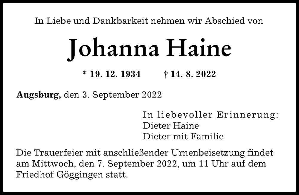 Traueranzeige von Johanna Haine von Augsburger Allgemeine