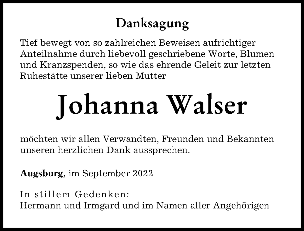  Traueranzeige für Johanna Walser vom 17.09.2022 aus Augsburger Allgemeine