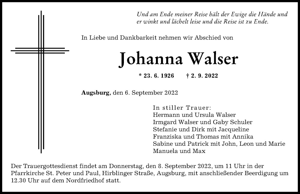  Traueranzeige für Johanna Walser vom 06.09.2022 aus Augsburger Allgemeine