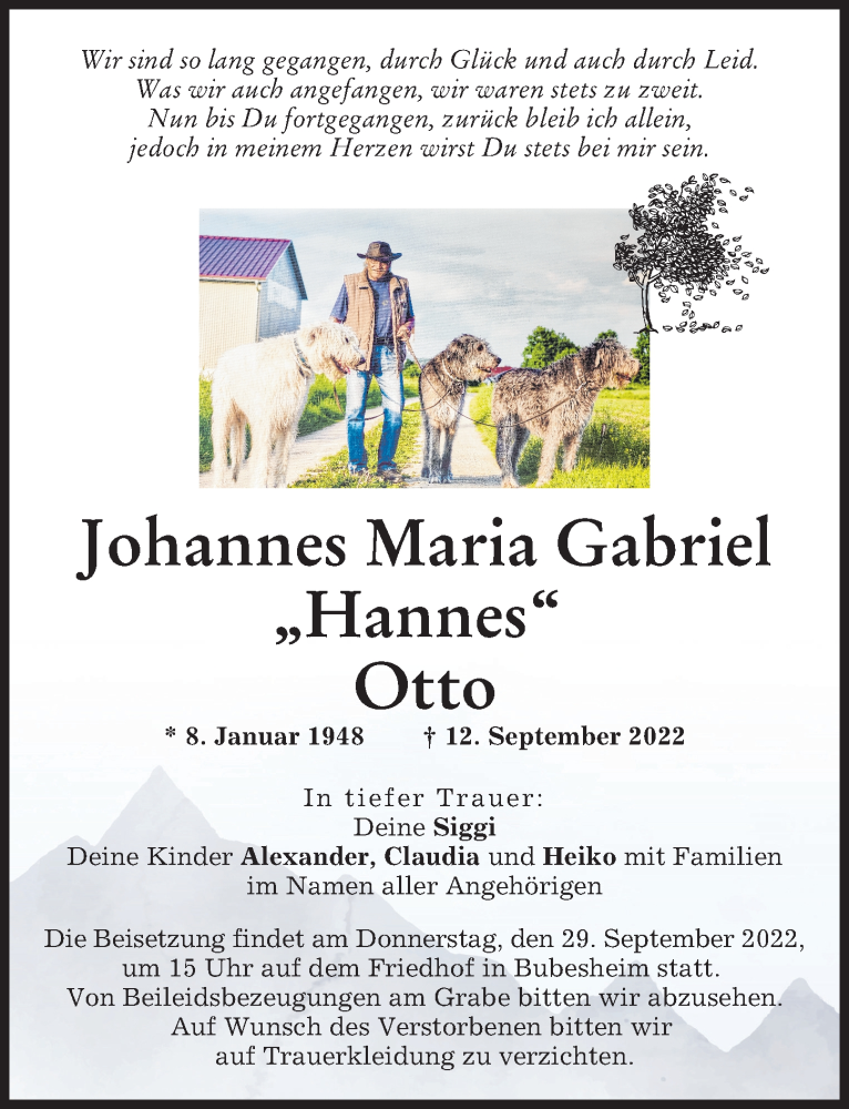  Traueranzeige für Johannes Maria Gabriel Otto vom 22.09.2022 aus Günzburger Zeitung