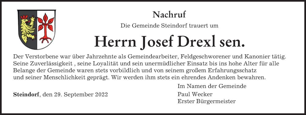  Traueranzeige für Josef Drexl vom 30.09.2022 aus Friedberger Allgemeine