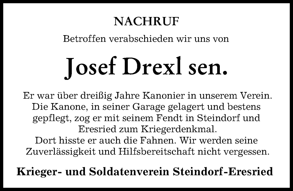  Traueranzeige für Josef Drexl vom 29.09.2022 aus Friedberger Allgemeine