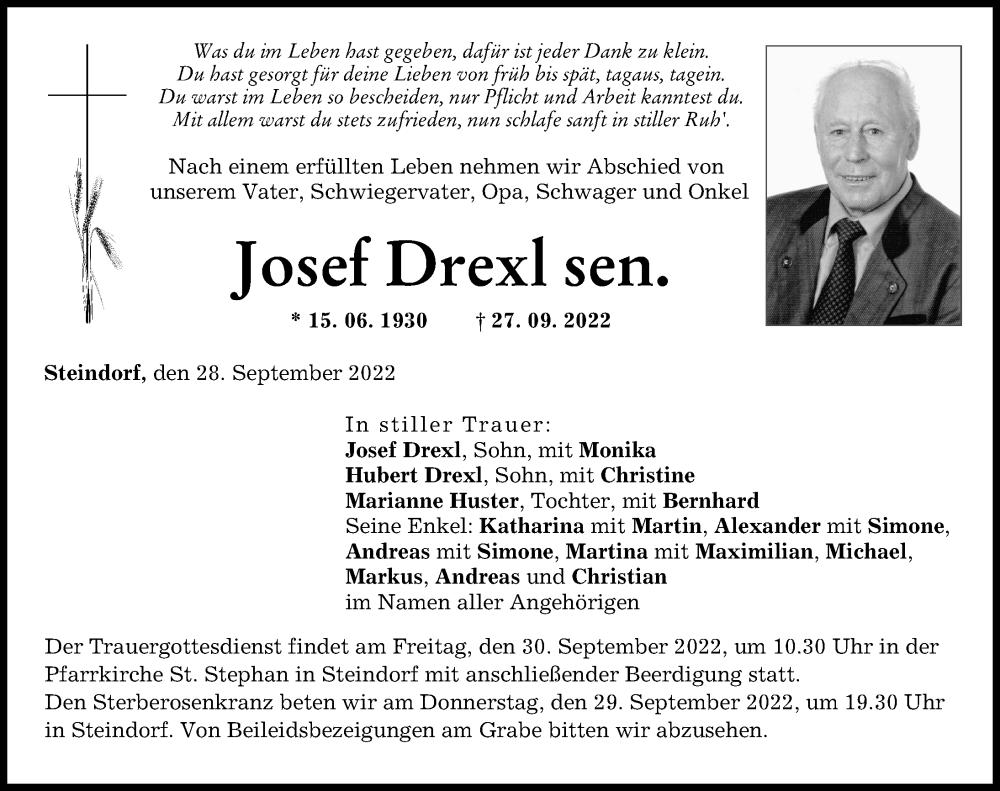  Traueranzeige für Josef Drexl vom 28.09.2022 aus Friedberger Allgemeine, Landsberger Tagblatt