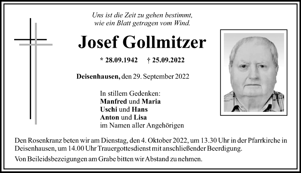 Traueranzeige von Josef Gollmitzer von Mittelschwäbische Nachrichten
