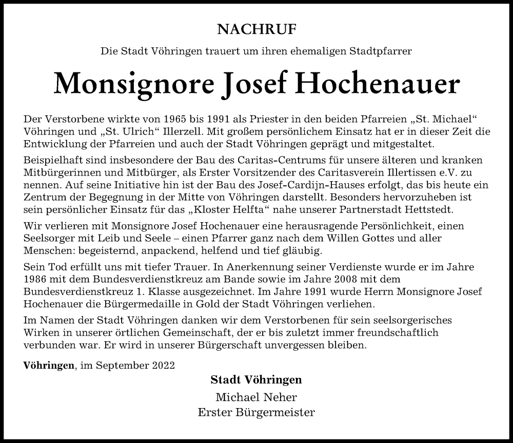  Traueranzeige für Josef Hochenauer vom 30.09.2022 aus Neu-Ulmer Zeitung, Illertisser Zeitung
