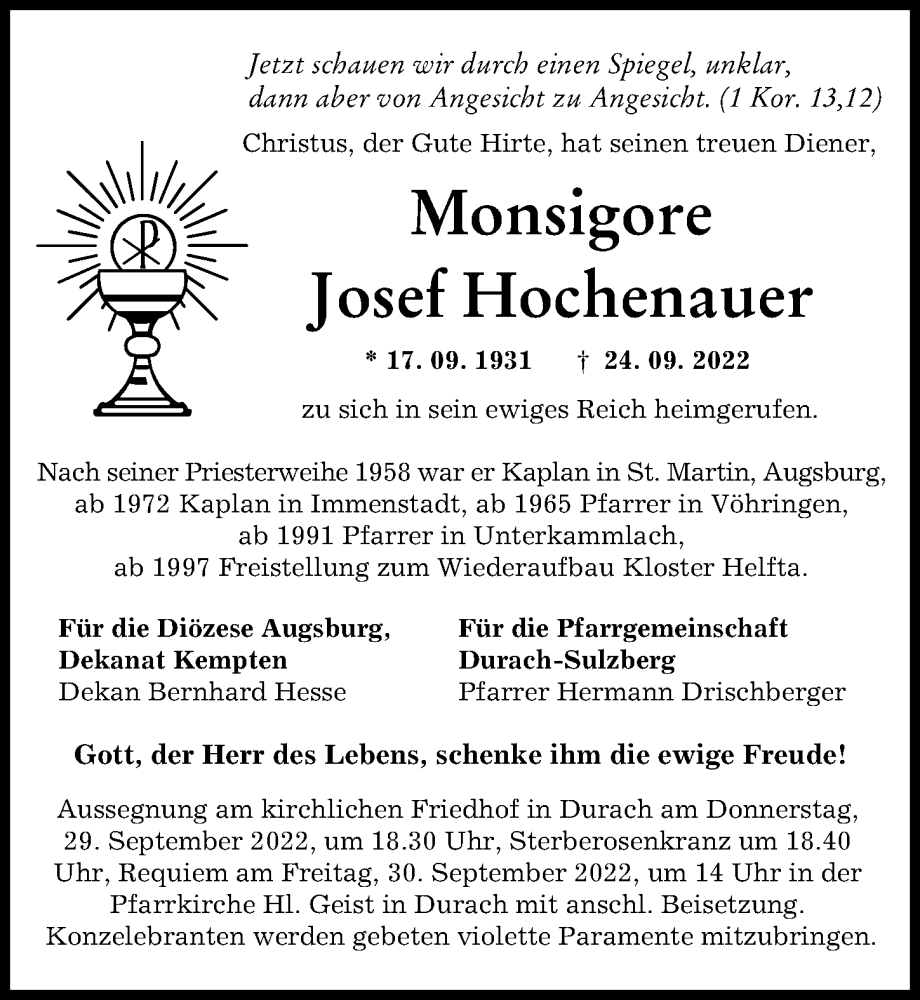 Traueranzeige von Josef Hochenauer von Augsburger Allgemeine