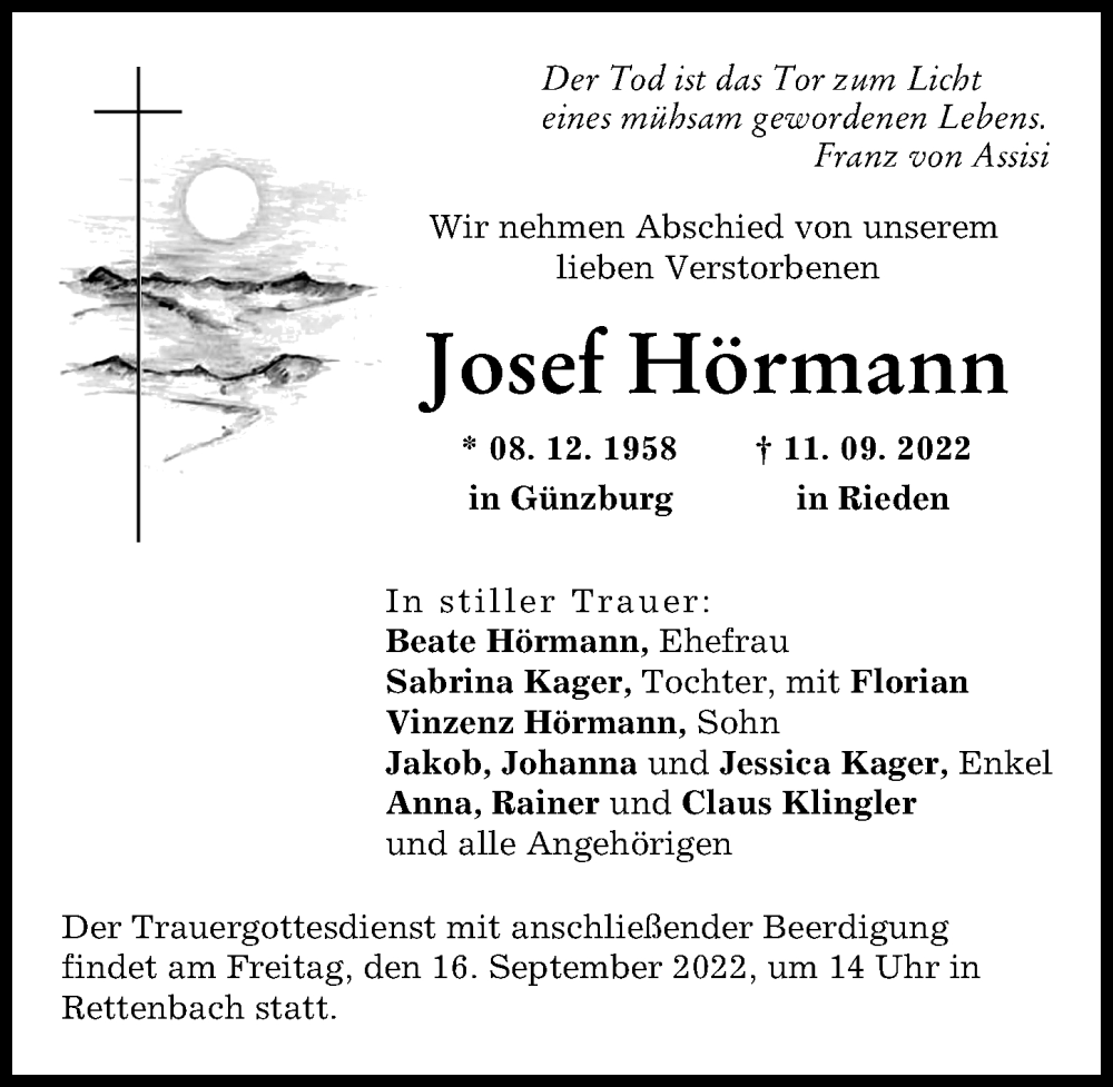  Traueranzeige für Josef Hörmann vom 15.09.2022 aus Günzburger Zeitung