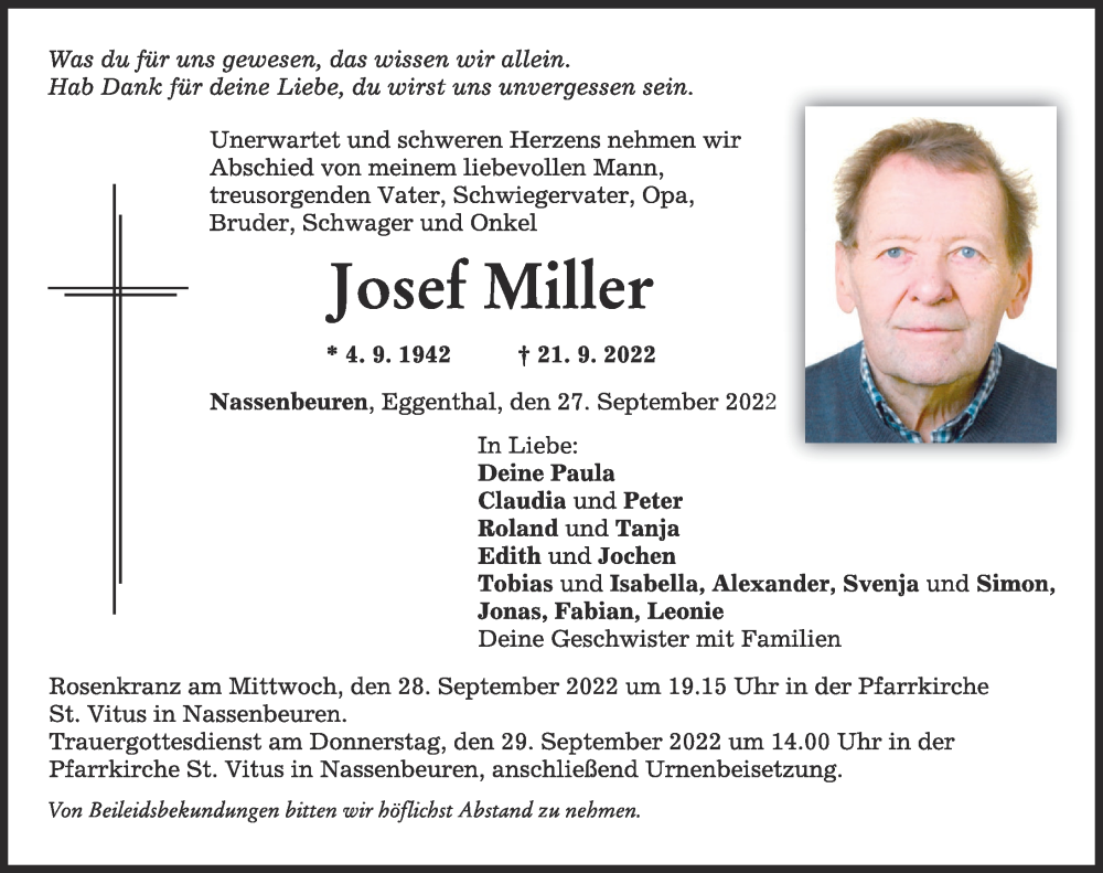  Traueranzeige für Josef Miller vom 27.09.2022 aus Mindelheimer Zeitung