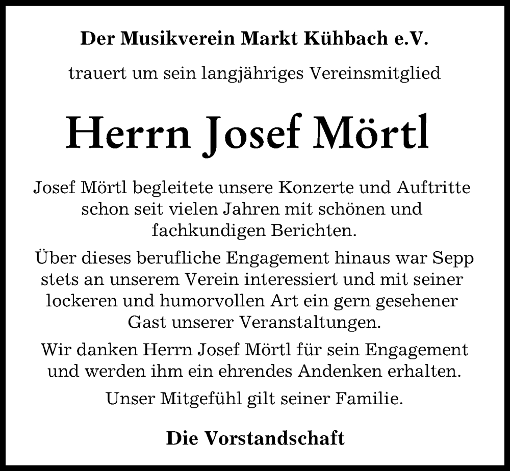 Traueranzeige von Josef Mörtl von Aichacher Nachrichten