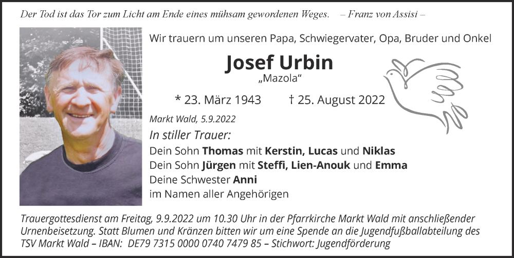 Traueranzeige von Josef Urbin von Mindelheimer Zeitung