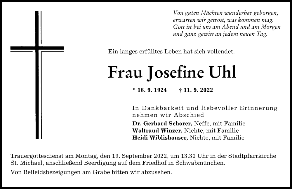 Traueranzeige von Josefine Uhl von Schwabmünchner Allgemeine