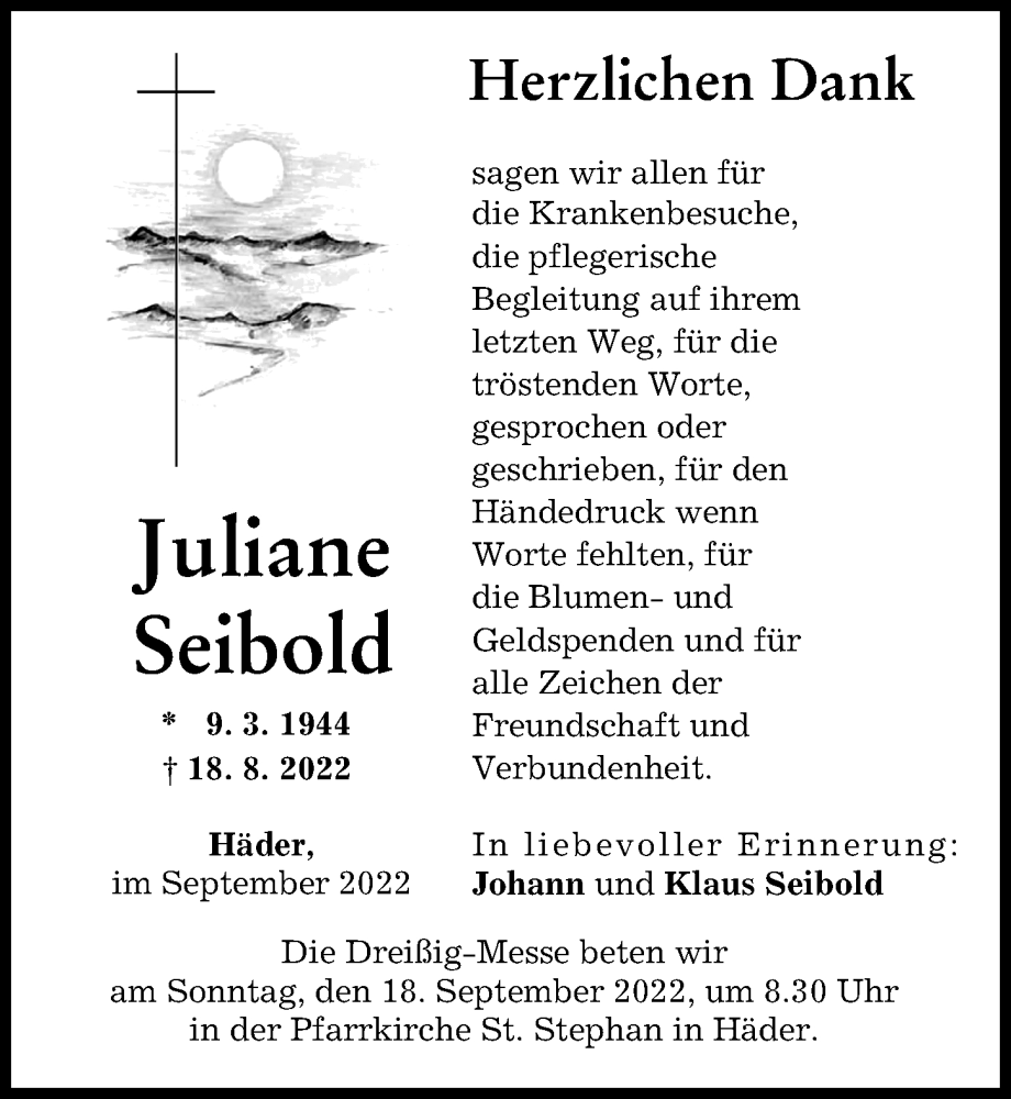 Traueranzeige von Juliane Seibold von Augsburg-Land