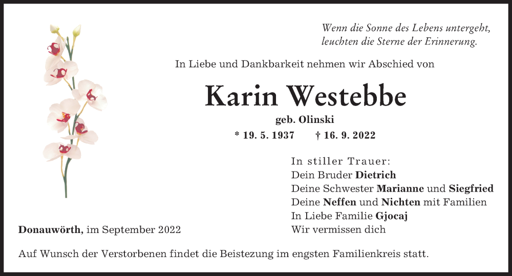 Traueranzeige von Karin Westebbe von Donauwörther Zeitung