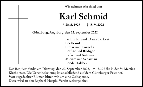 Traueranzeige von Karl Schmid von Günzburger Zeitung