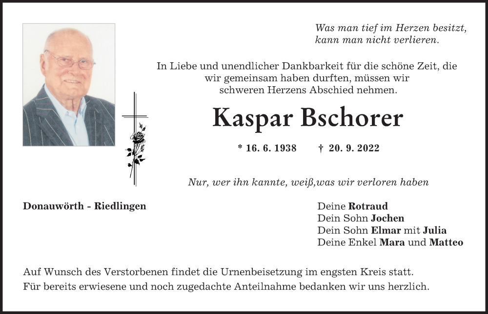 Traueranzeige von Kaspar Bschorer von Donauwörther Zeitung