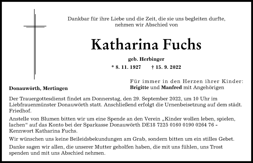 Traueranzeige von Katharina Fuchs von Donauwörther Zeitung