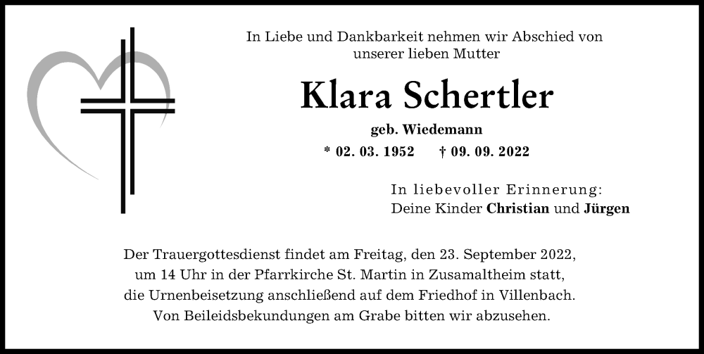  Traueranzeige für Klara Schertler vom 21.09.2022 aus Wertinger Zeitung