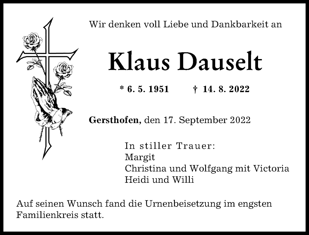 Traueranzeige von Klaus Dauselt von Augsburger Allgemeine