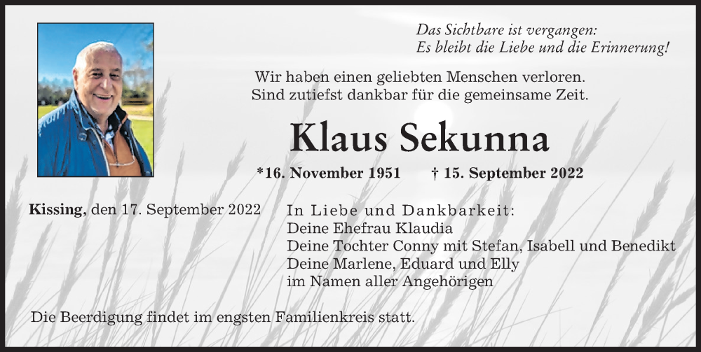  Traueranzeige für Klaus Sekunna vom 17.09.2022 aus Friedberger Allgemeine