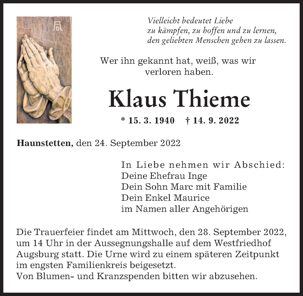 Traueranzeige von Klaus Thieme von Augsburger Allgemeine