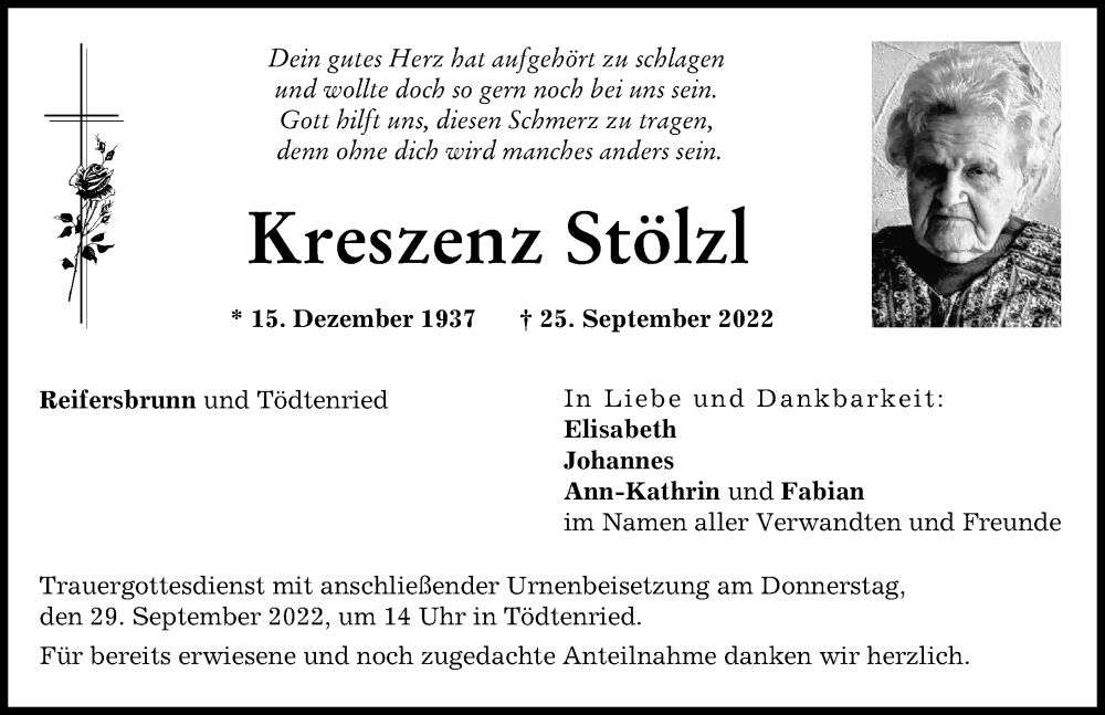  Traueranzeige für Kreszenz Stölzl vom 27.09.2022 aus Friedberger Allgemeine