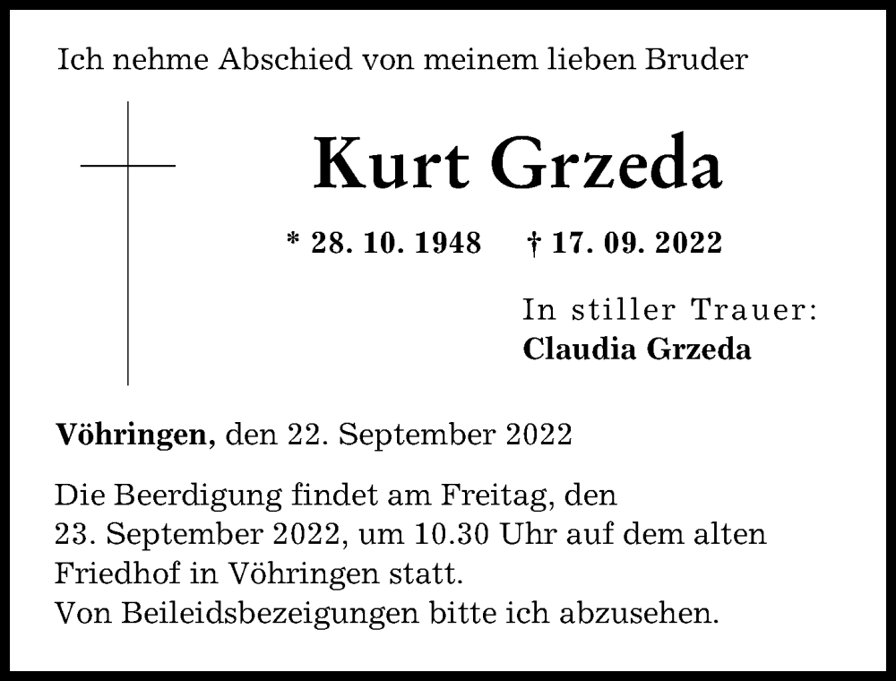  Traueranzeige für Kurt Grzeda vom 22.09.2022 aus Illertisser Zeitung