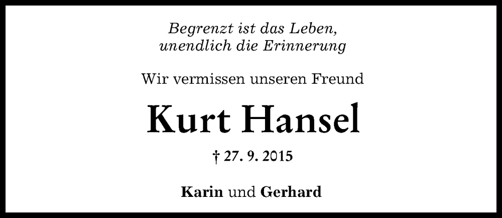  Traueranzeige für Kurt Hansel vom 27.09.2022 aus Augsburger Allgemeine