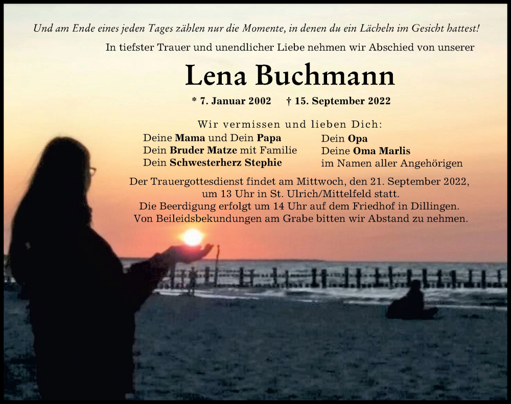  Traueranzeige für Lena Buchmann vom 19.09.2022 aus Donau Zeitung