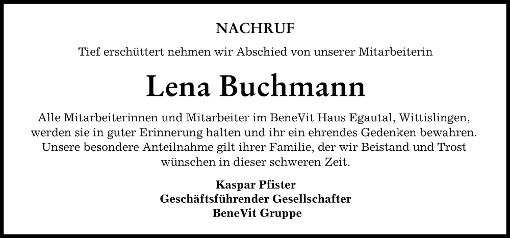 Traueranzeige für Lena Buchmann vom 24.09.2022 aus Donau Zeitung