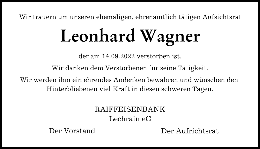 Traueranzeige von Leonhard Wagner von Landsberger Tagblatt