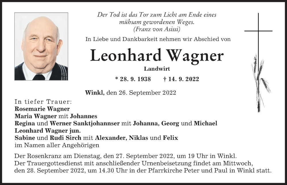 Traueranzeige von Leonhard Wagner von Landsberger Tagblatt