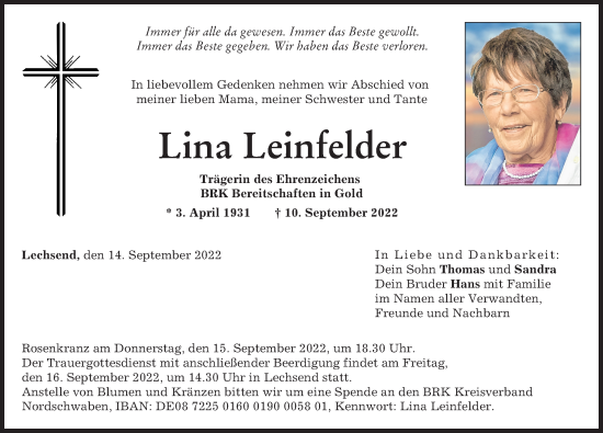 Traueranzeigen von Lina Leinfelder | Augsburger Allgemeine Zeitung
