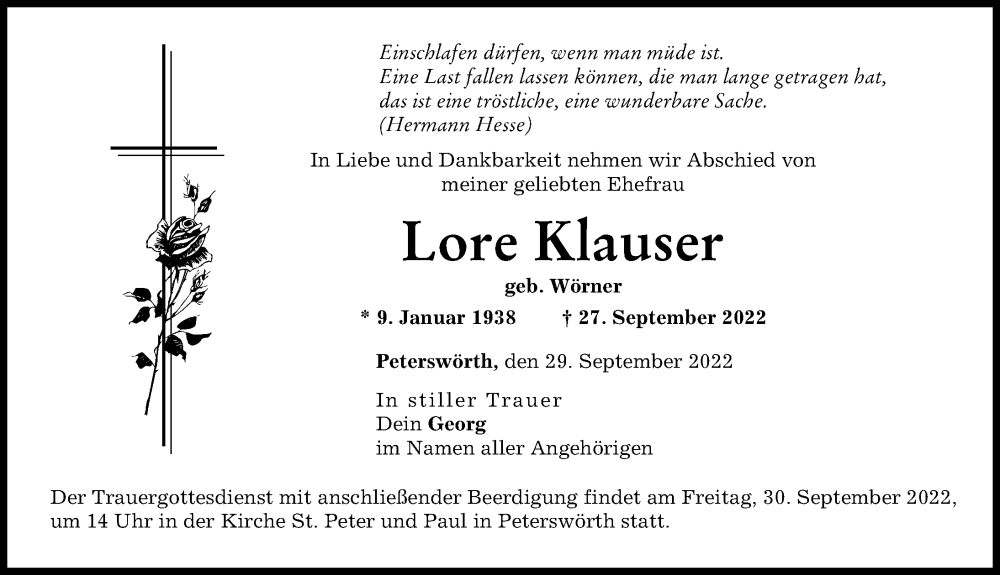  Traueranzeige für Lore Klauser vom 29.09.2022 aus Donau Zeitung