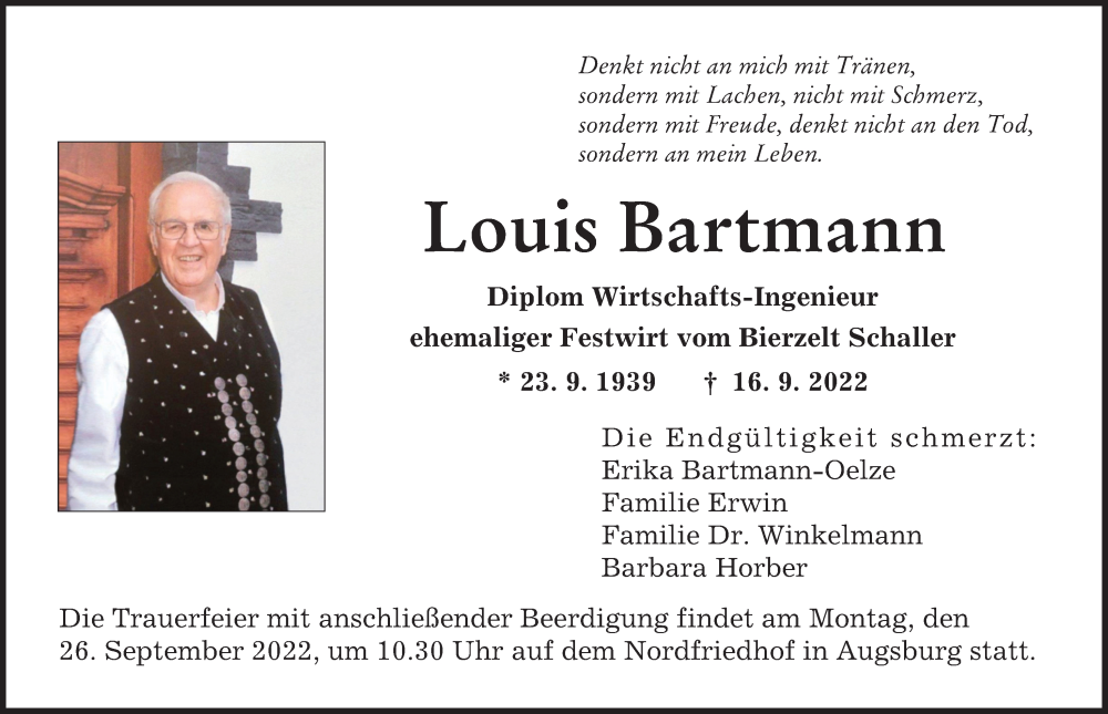  Traueranzeige für Louis Bartmann vom 24.09.2022 aus Augsburger Allgemeine