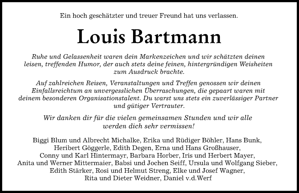  Traueranzeige für Louis Bartmann vom 24.09.2022 aus Augsburger Allgemeine
