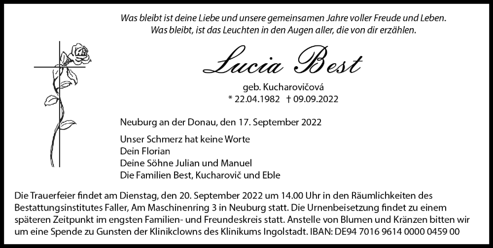  Traueranzeige für Lucia Best vom 17.09.2022 aus Neuburger Rundschau